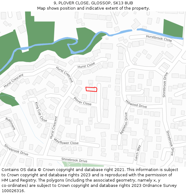 9, PLOVER CLOSE, GLOSSOP, SK13 8UB: Location map and indicative extent of plot