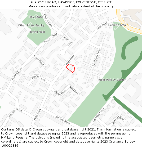 9, PLOVER ROAD, HAWKINGE, FOLKESTONE, CT18 7TF: Location map and indicative extent of plot