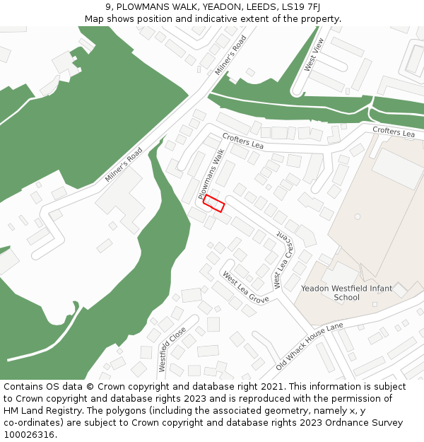 9, PLOWMANS WALK, YEADON, LEEDS, LS19 7FJ: Location map and indicative extent of plot