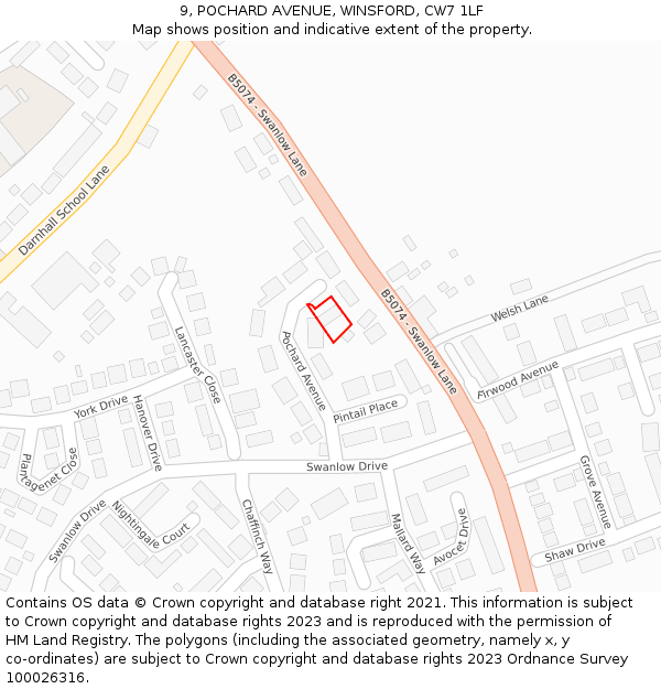 9, POCHARD AVENUE, WINSFORD, CW7 1LF: Location map and indicative extent of plot