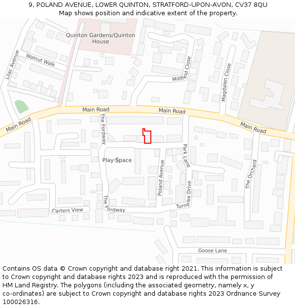 9, POLAND AVENUE, LOWER QUINTON, STRATFORD-UPON-AVON, CV37 8QU: Location map and indicative extent of plot