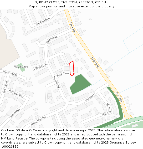 9, POND CLOSE, TARLETON, PRESTON, PR4 6NH: Location map and indicative extent of plot