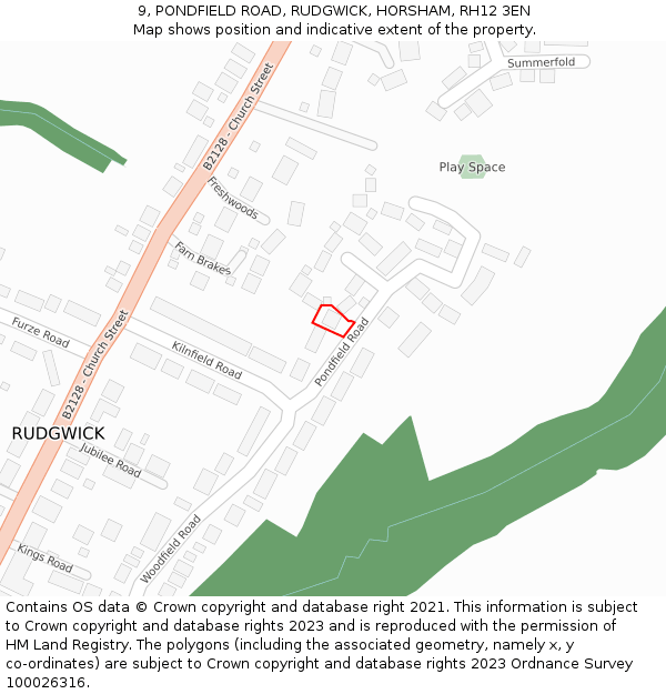 9, PONDFIELD ROAD, RUDGWICK, HORSHAM, RH12 3EN: Location map and indicative extent of plot