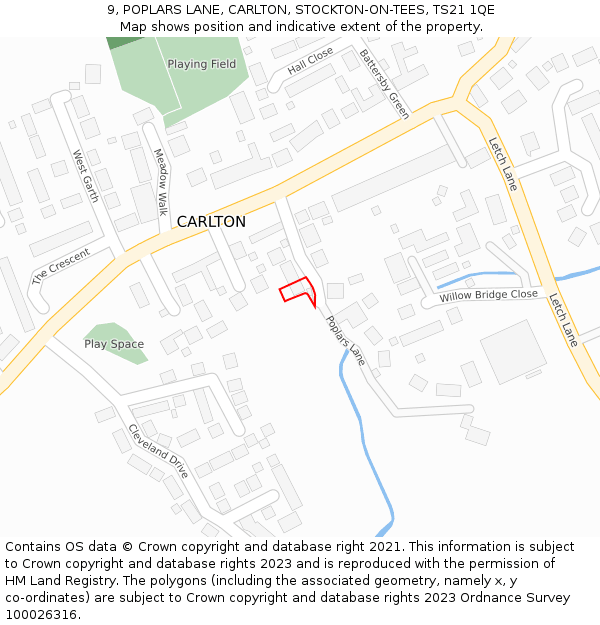 9, POPLARS LANE, CARLTON, STOCKTON-ON-TEES, TS21 1QE: Location map and indicative extent of plot