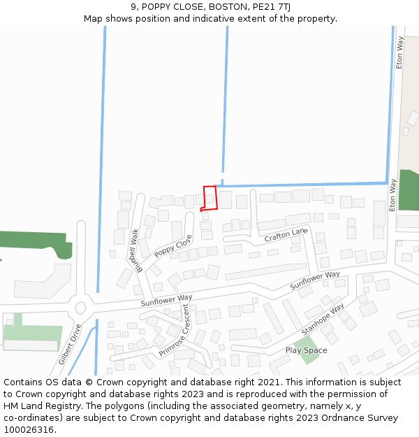 9, POPPY CLOSE, BOSTON, PE21 7TJ: Location map and indicative extent of plot