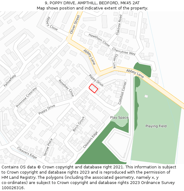 9, POPPY DRIVE, AMPTHILL, BEDFORD, MK45 2AT: Location map and indicative extent of plot