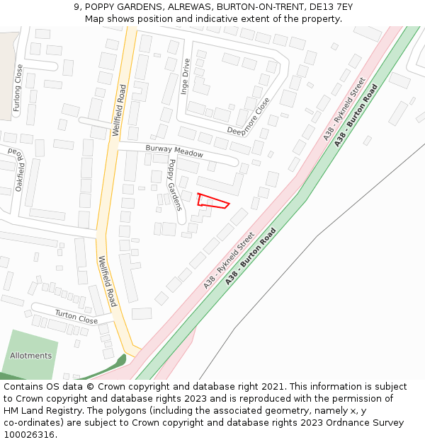 9, POPPY GARDENS, ALREWAS, BURTON-ON-TRENT, DE13 7EY: Location map and indicative extent of plot