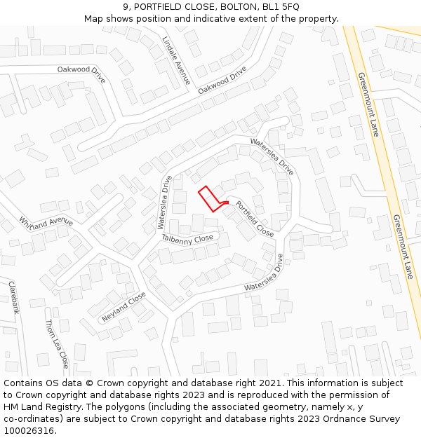 9, PORTFIELD CLOSE, BOLTON, BL1 5FQ: Location map and indicative extent of plot
