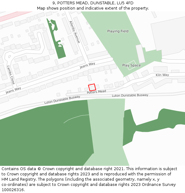 9, POTTERS MEAD, DUNSTABLE, LU5 4FD: Location map and indicative extent of plot