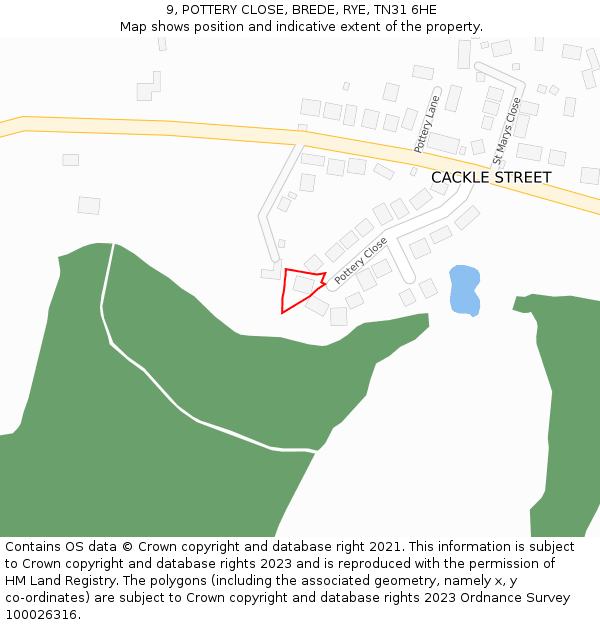 9, POTTERY CLOSE, BREDE, RYE, TN31 6HE: Location map and indicative extent of plot