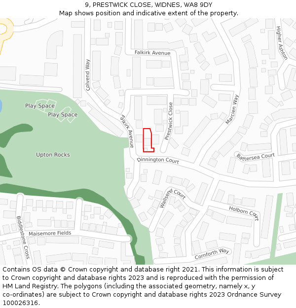 9, PRESTWICK CLOSE, WIDNES, WA8 9DY: Location map and indicative extent of plot