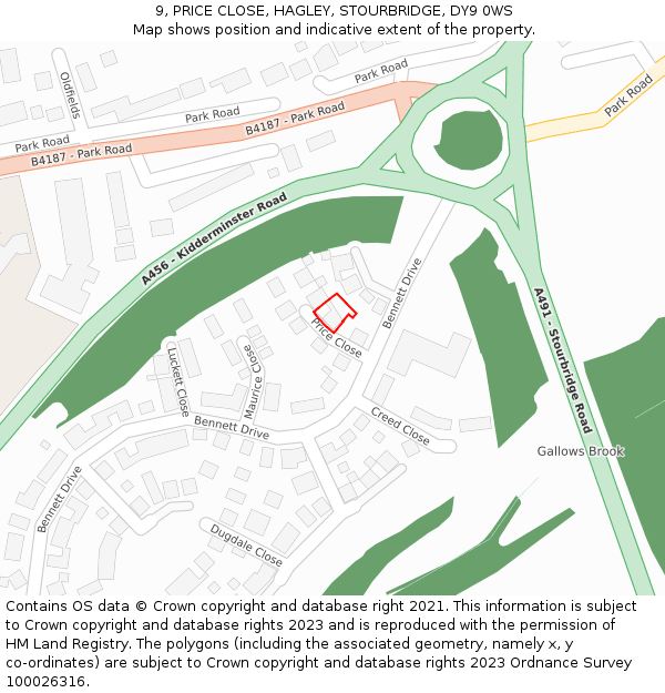9, PRICE CLOSE, HAGLEY, STOURBRIDGE, DY9 0WS: Location map and indicative extent of plot