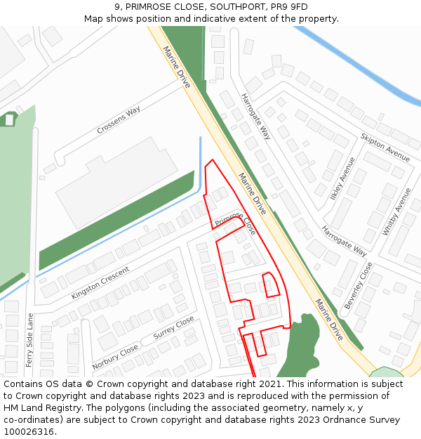 9, PRIMROSE CLOSE, SOUTHPORT, PR9 9FD: Location map and indicative extent of plot