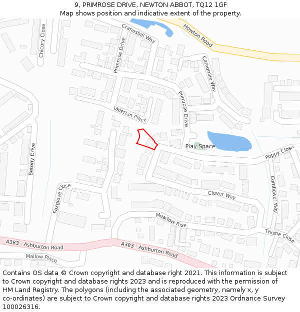 9, PRIMROSE DRIVE, NEWTON ABBOT, TQ12 1GF: Location map and indicative extent of plot