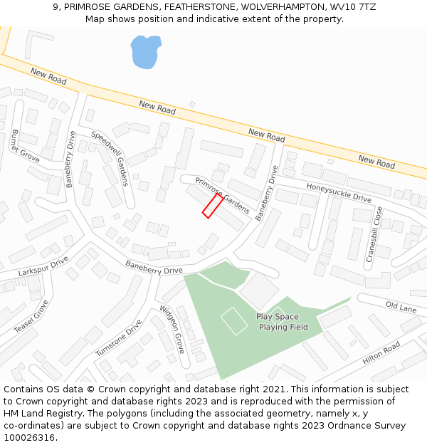9, PRIMROSE GARDENS, FEATHERSTONE, WOLVERHAMPTON, WV10 7TZ: Location map and indicative extent of plot