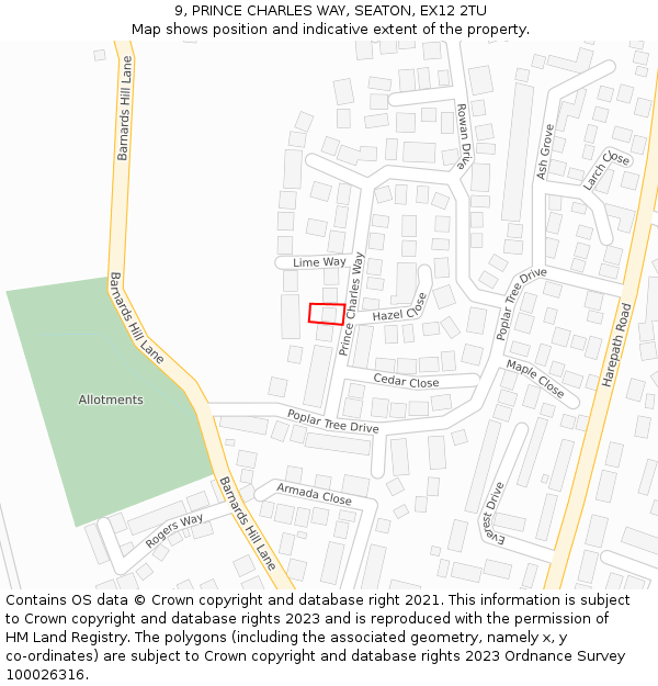 9, PRINCE CHARLES WAY, SEATON, EX12 2TU: Location map and indicative extent of plot