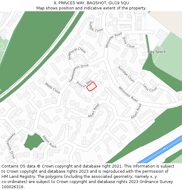 9, PRINCES WAY, BAGSHOT, GU19 5QU: Location map and indicative extent of plot