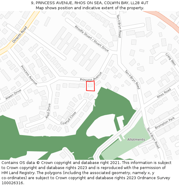 9, PRINCESS AVENUE, RHOS ON SEA, COLWYN BAY, LL28 4UT: Location map and indicative extent of plot