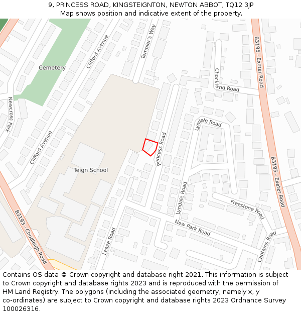9, PRINCESS ROAD, KINGSTEIGNTON, NEWTON ABBOT, TQ12 3JP: Location map and indicative extent of plot