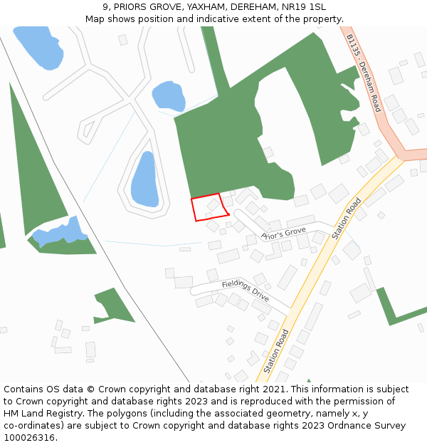 9, PRIORS GROVE, YAXHAM, DEREHAM, NR19 1SL: Location map and indicative extent of plot