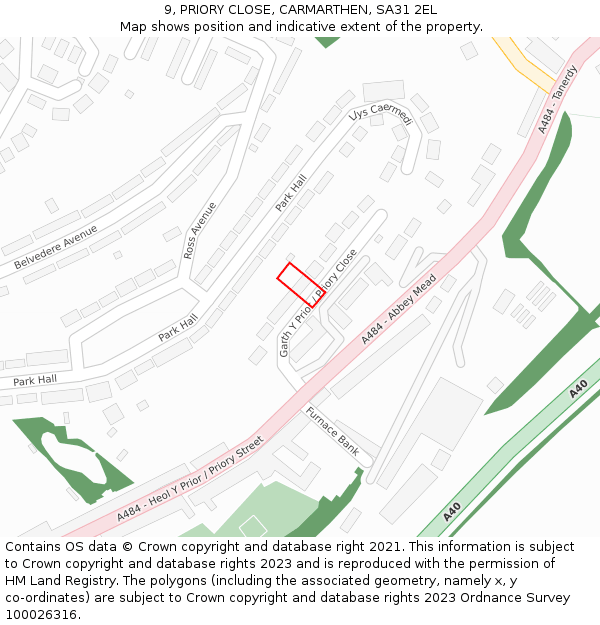 9, PRIORY CLOSE, CARMARTHEN, SA31 2EL: Location map and indicative extent of plot