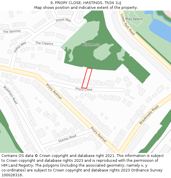 9, PRIORY CLOSE, HASTINGS, TN34 1UJ: Location map and indicative extent of plot