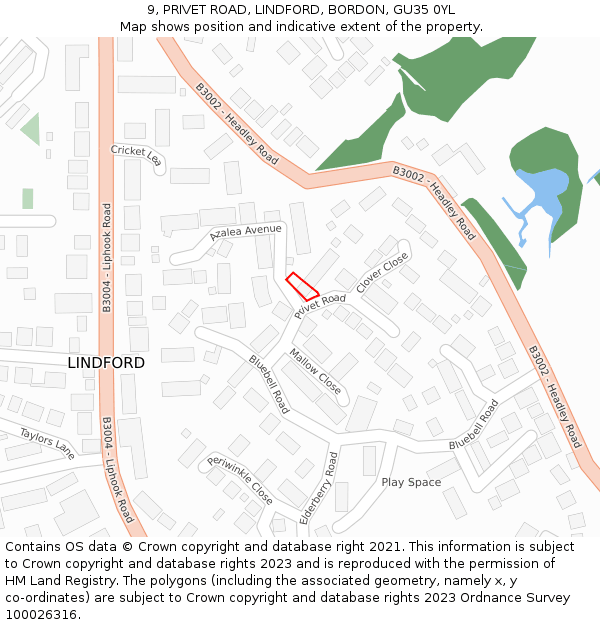 9, PRIVET ROAD, LINDFORD, BORDON, GU35 0YL: Location map and indicative extent of plot