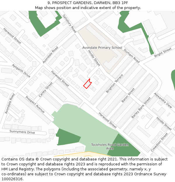 9, PROSPECT GARDENS, DARWEN, BB3 1PF: Location map and indicative extent of plot