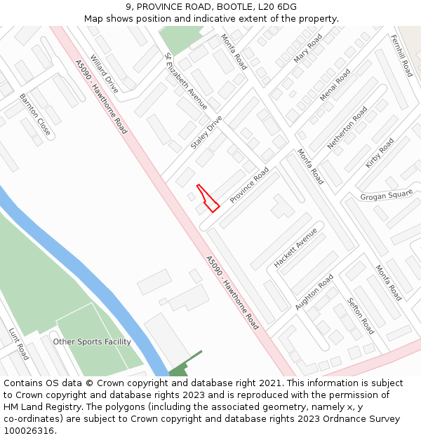 9, PROVINCE ROAD, BOOTLE, L20 6DG: Location map and indicative extent of plot