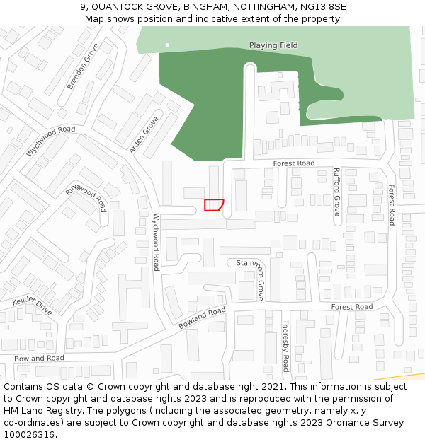 9, QUANTOCK GROVE, BINGHAM, NOTTINGHAM, NG13 8SE: Location map and indicative extent of plot