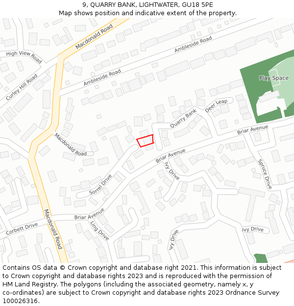 9, QUARRY BANK, LIGHTWATER, GU18 5PE: Location map and indicative extent of plot