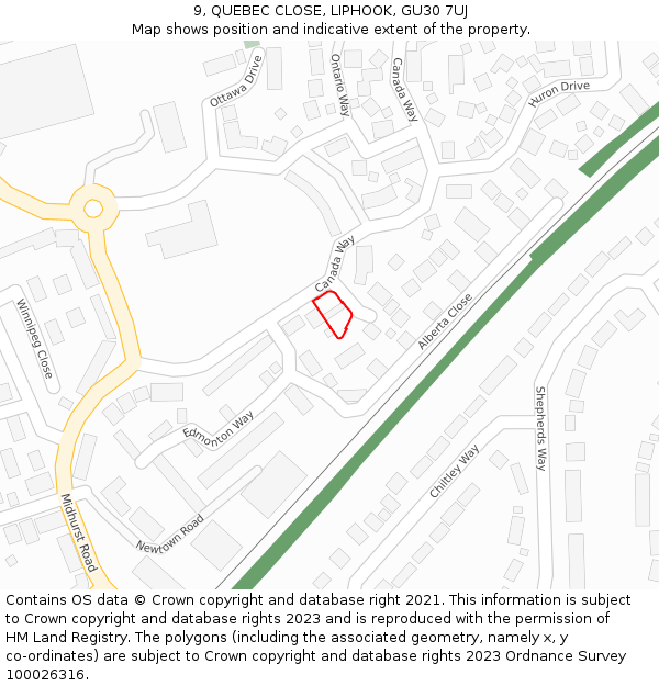 9, QUEBEC CLOSE, LIPHOOK, GU30 7UJ: Location map and indicative extent of plot