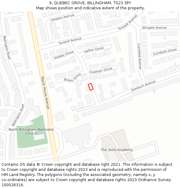 9, QUEBEC GROVE, BILLINGHAM, TS23 3PY: Location map and indicative extent of plot