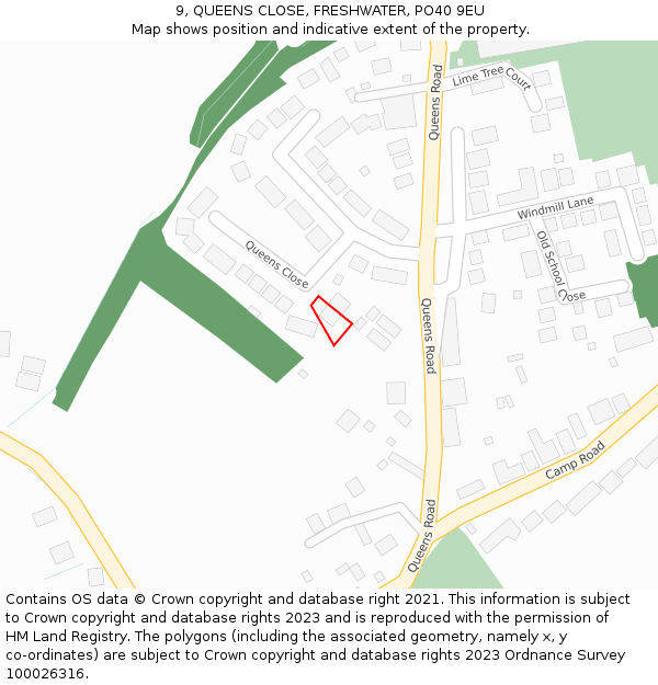 9, QUEENS CLOSE, FRESHWATER, PO40 9EU: Location map and indicative extent of plot