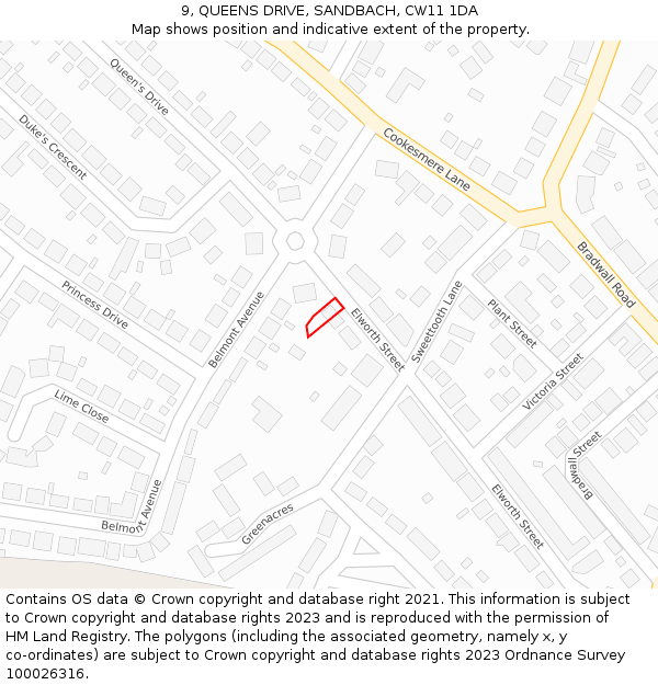 9, QUEENS DRIVE, SANDBACH, CW11 1DA: Location map and indicative extent of plot