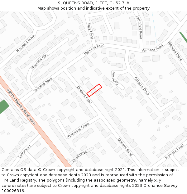 9, QUEENS ROAD, FLEET, GU52 7LA: Location map and indicative extent of plot