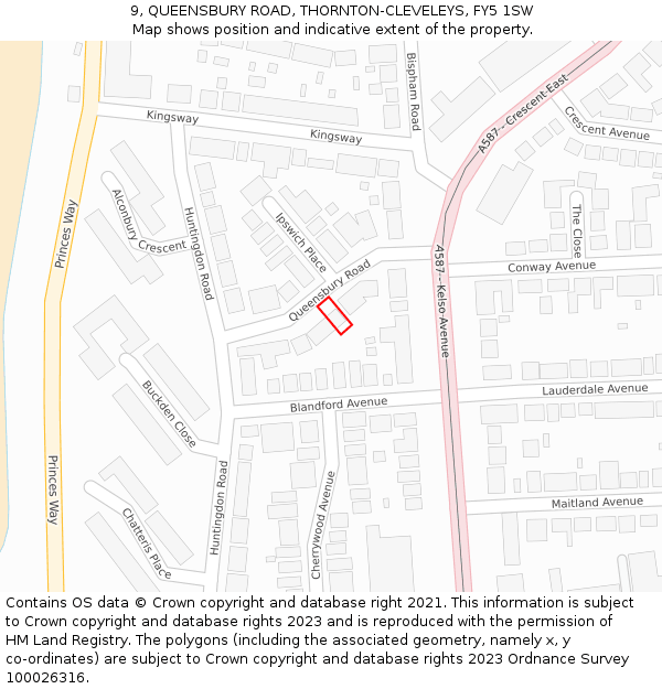 9, QUEENSBURY ROAD, THORNTON-CLEVELEYS, FY5 1SW: Location map and indicative extent of plot