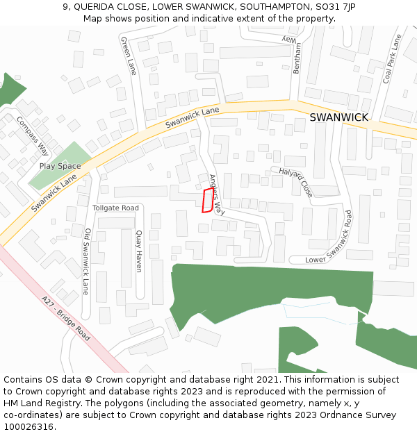9, QUERIDA CLOSE, LOWER SWANWICK, SOUTHAMPTON, SO31 7JP: Location map and indicative extent of plot