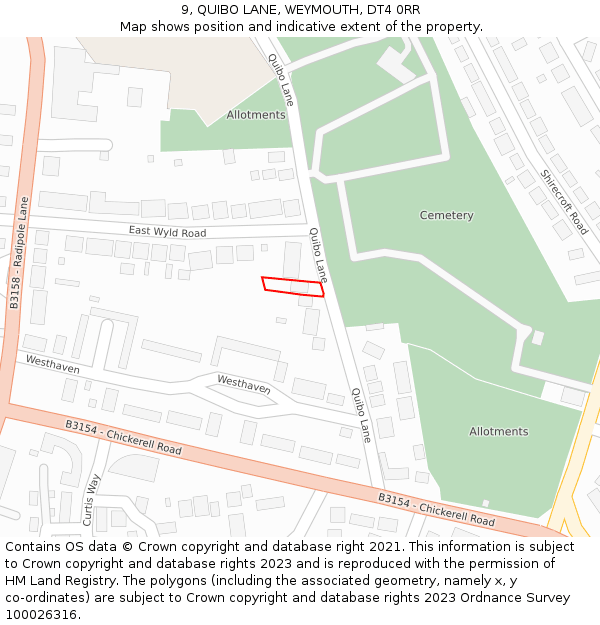 9, QUIBO LANE, WEYMOUTH, DT4 0RR: Location map and indicative extent of plot