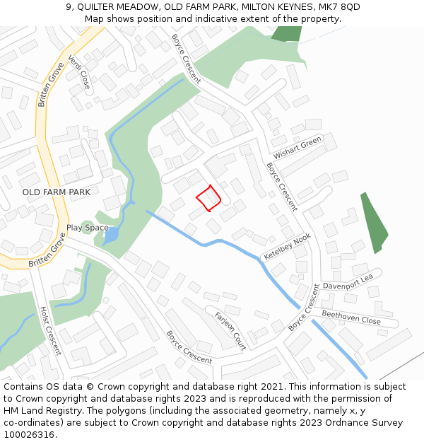 9, QUILTER MEADOW, OLD FARM PARK, MILTON KEYNES, MK7 8QD: Location map and indicative extent of plot