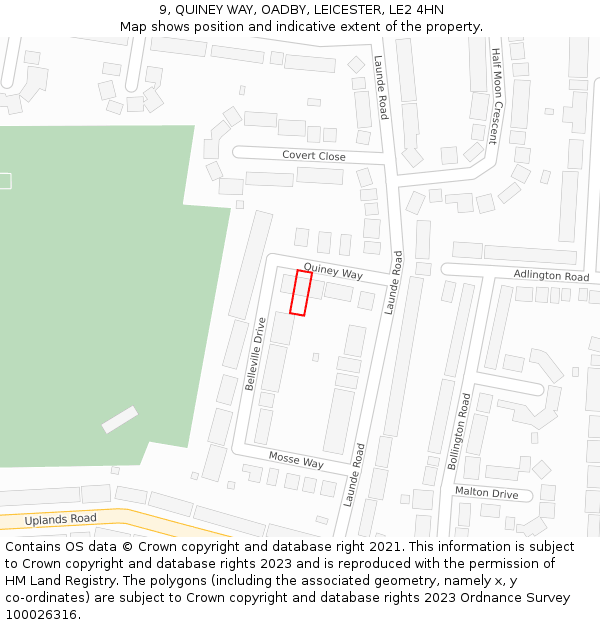 9, QUINEY WAY, OADBY, LEICESTER, LE2 4HN: Location map and indicative extent of plot