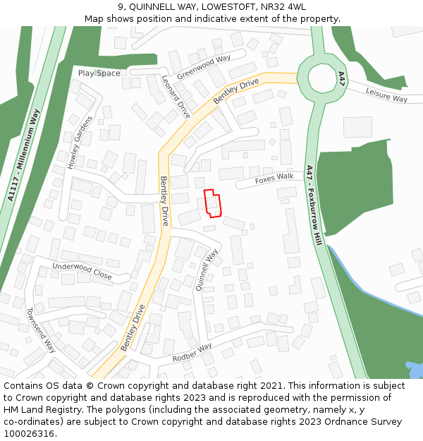 9, QUINNELL WAY, LOWESTOFT, NR32 4WL: Location map and indicative extent of plot
