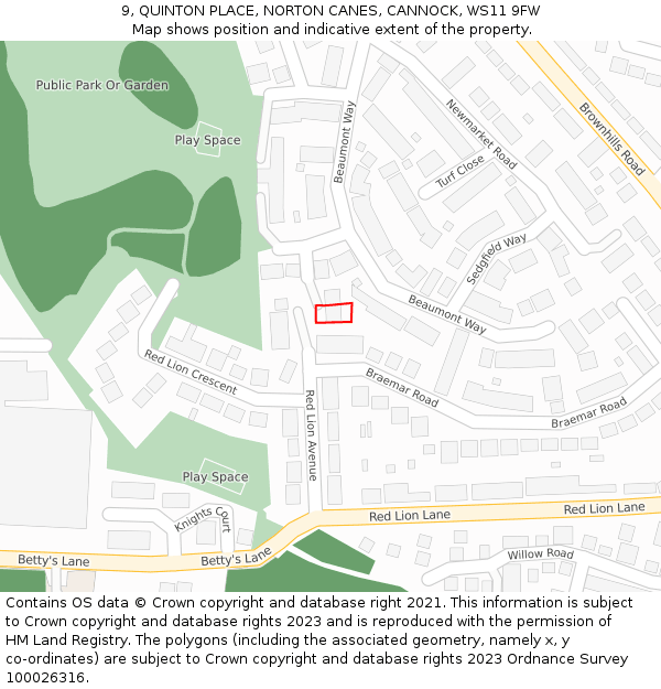 9, QUINTON PLACE, NORTON CANES, CANNOCK, WS11 9FW: Location map and indicative extent of plot