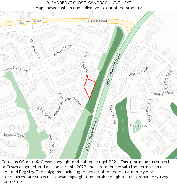 9, RADBROKE CLOSE, SANDBACH, CW11 1YT: Location map and indicative extent of plot