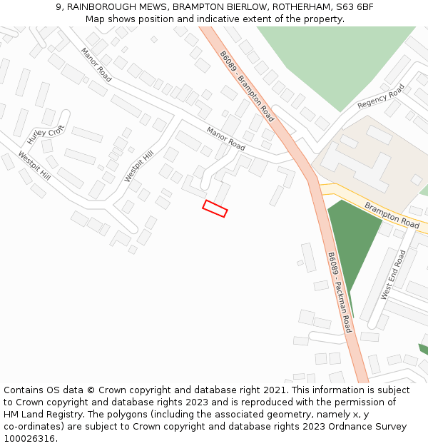 9, RAINBOROUGH MEWS, BRAMPTON BIERLOW, ROTHERHAM, S63 6BF: Location map and indicative extent of plot