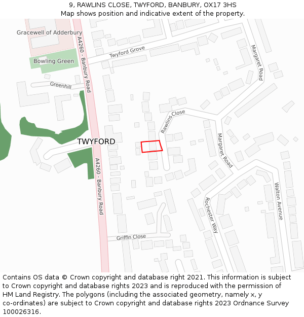 9, RAWLINS CLOSE, TWYFORD, BANBURY, OX17 3HS: Location map and indicative extent of plot