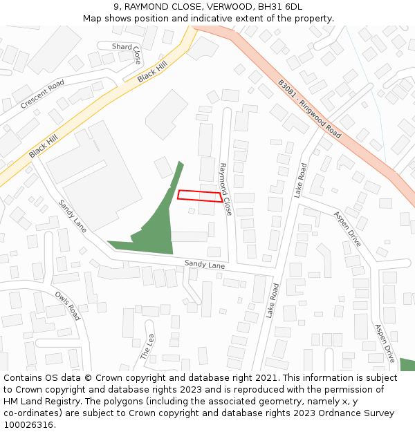 9, RAYMOND CLOSE, VERWOOD, BH31 6DL: Location map and indicative extent of plot