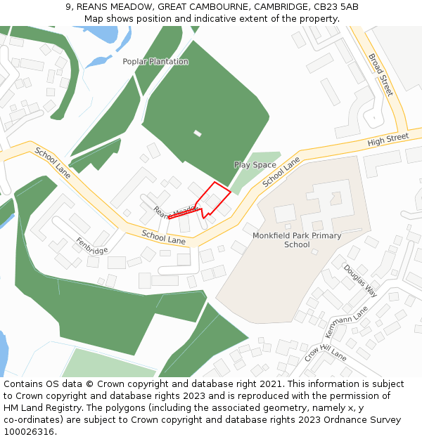 9, REANS MEADOW, GREAT CAMBOURNE, CAMBRIDGE, CB23 5AB: Location map and indicative extent of plot