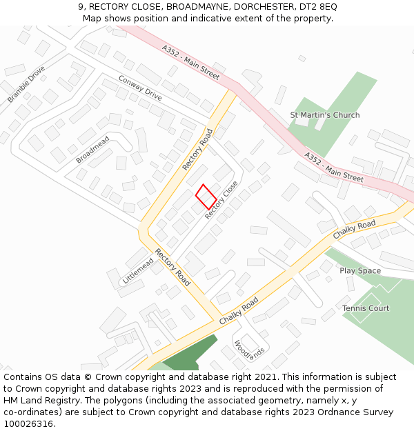 9, RECTORY CLOSE, BROADMAYNE, DORCHESTER, DT2 8EQ: Location map and indicative extent of plot