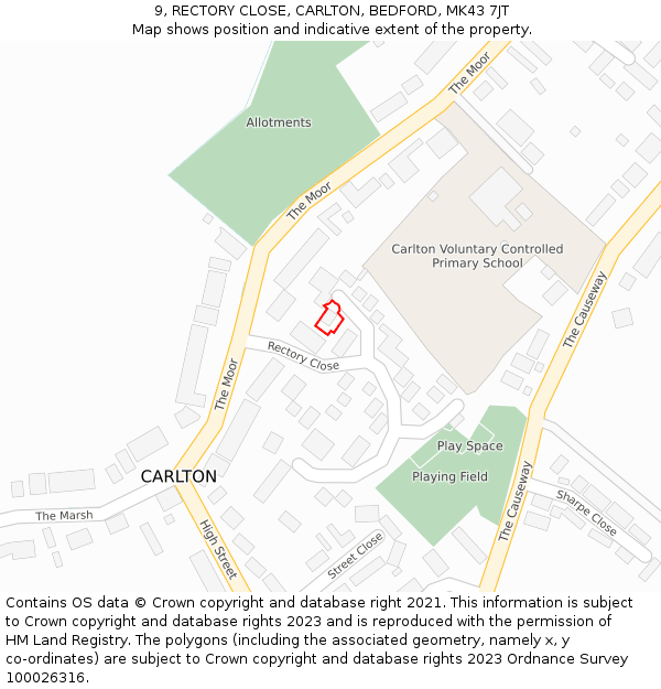 9, RECTORY CLOSE, CARLTON, BEDFORD, MK43 7JT: Location map and indicative extent of plot